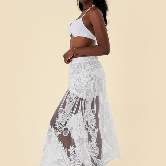 Skirt with Sheer Lace, Embroidered Details, and Elastic Waistband