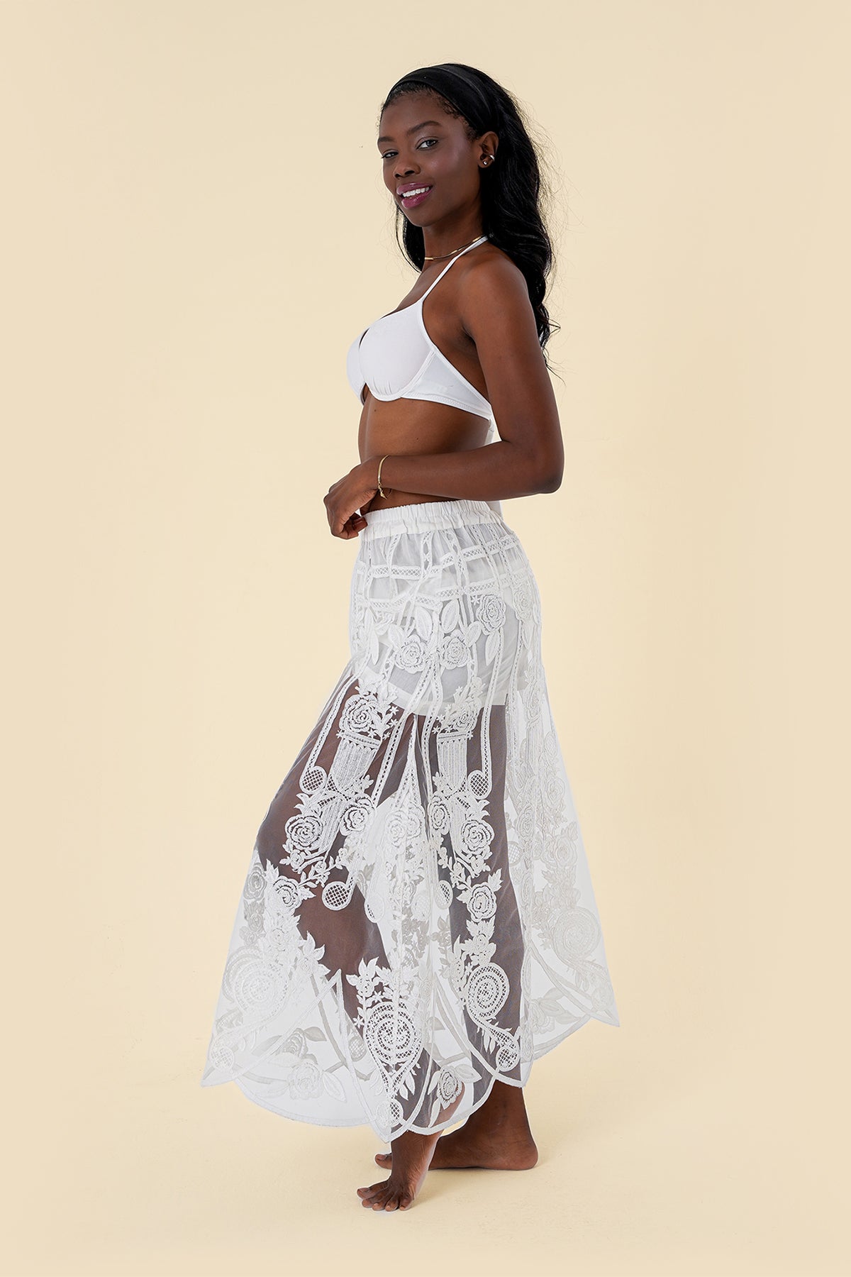 Skirt with Sheer Lace, Embroidered Details, and Elastic Waistband