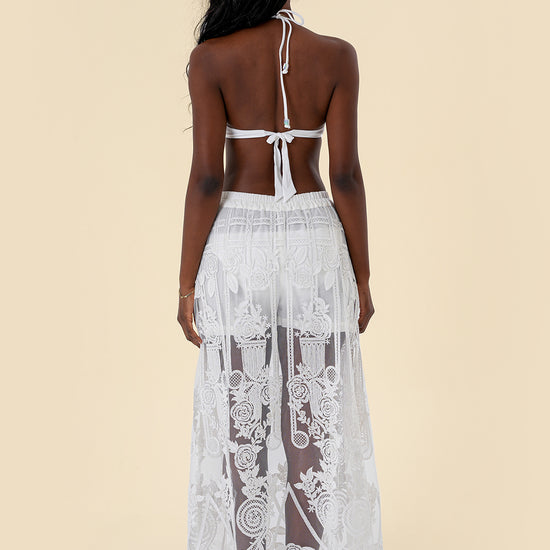 Skirt with Sheer Lace, Embroidered Details, and Elastic Waistband