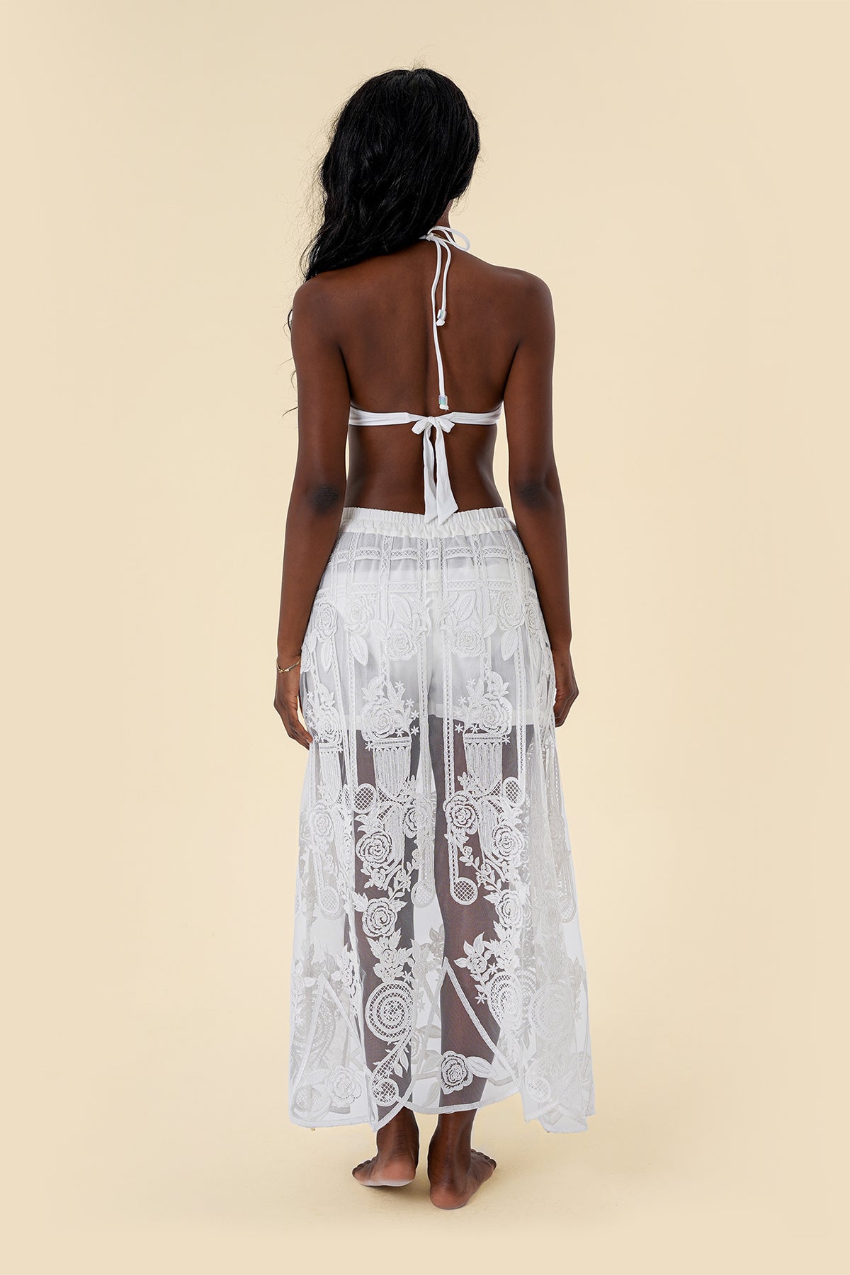 Skirt with Sheer Lace, Embroidered Details, and Elastic Waistband