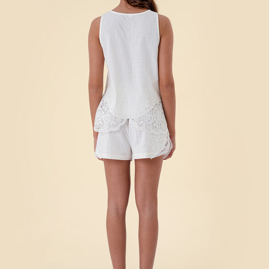 Two-Piece Set with Sleeveless Round-Neck Top Featuring Applique Accents and Matching Shorts