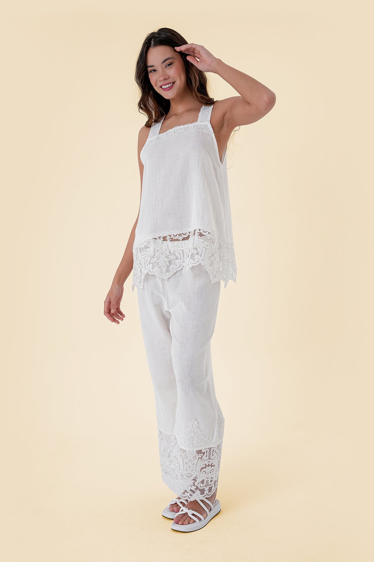 Two-Piece Set with Embroidered Lace Trim and Breathable Cotton