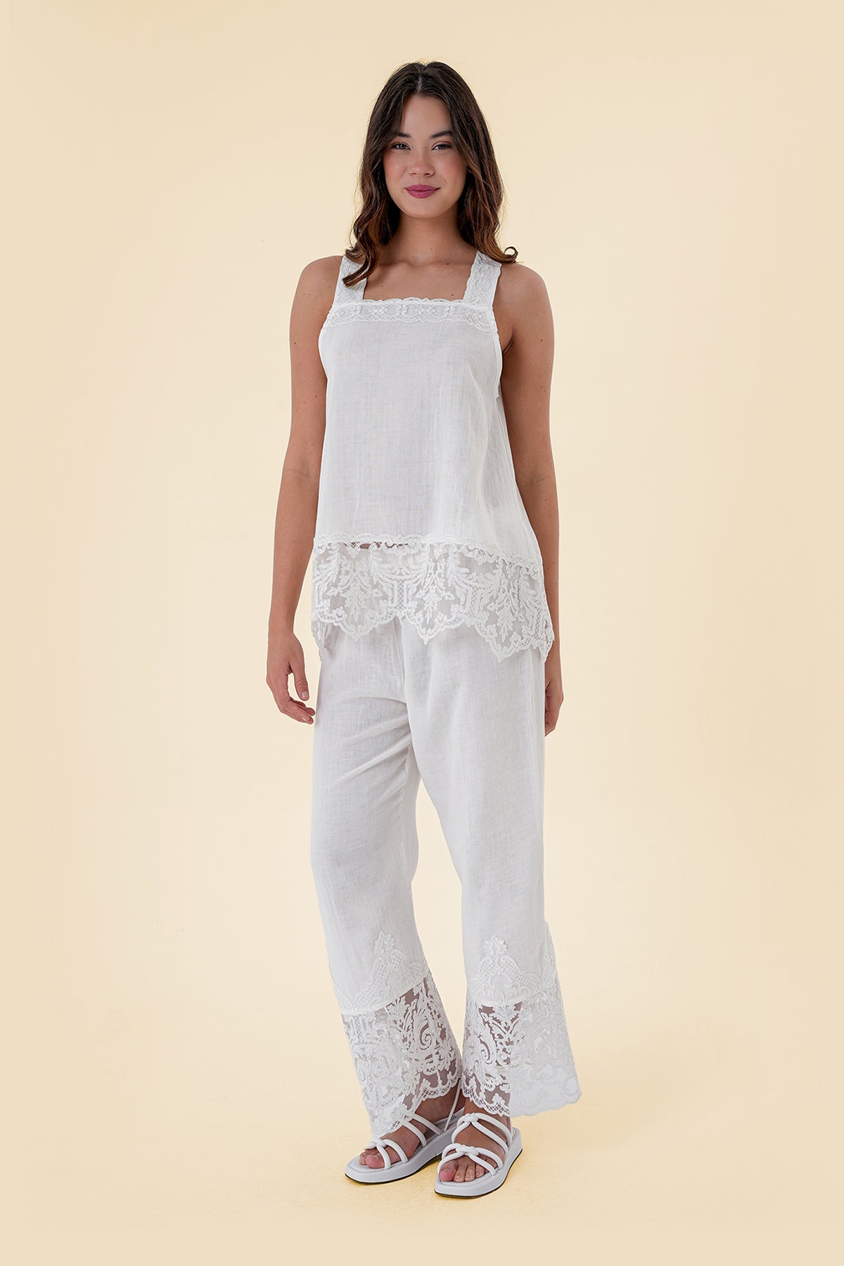 Two-Piece Set with Embroidered Lace Trim and Breathable Cotton