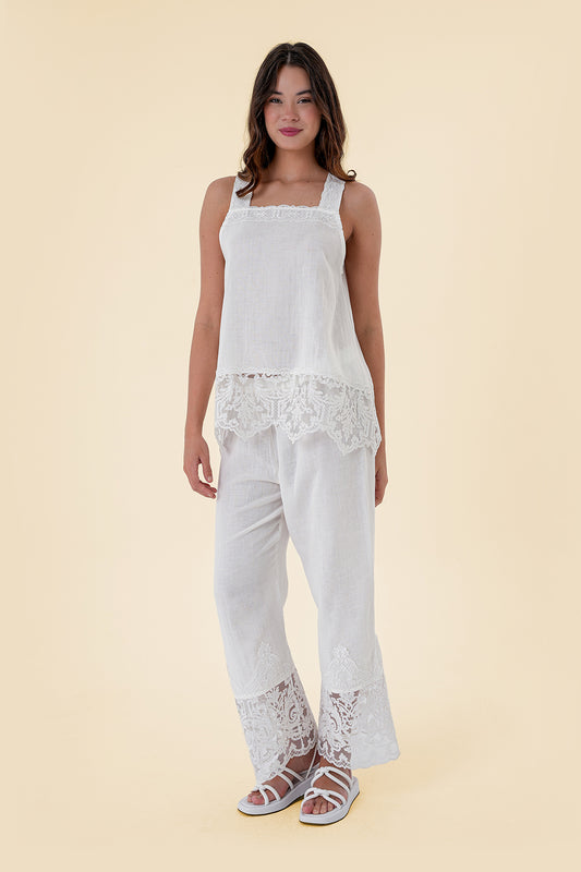 Muslin Cotton Fabric Shoulder Strap Lace Patterned Pants Set
