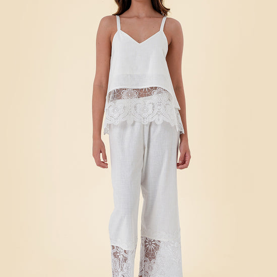 Two-Piece Set with Strap Top and Wide-Leg Pants Featuring Floral Lace Accents