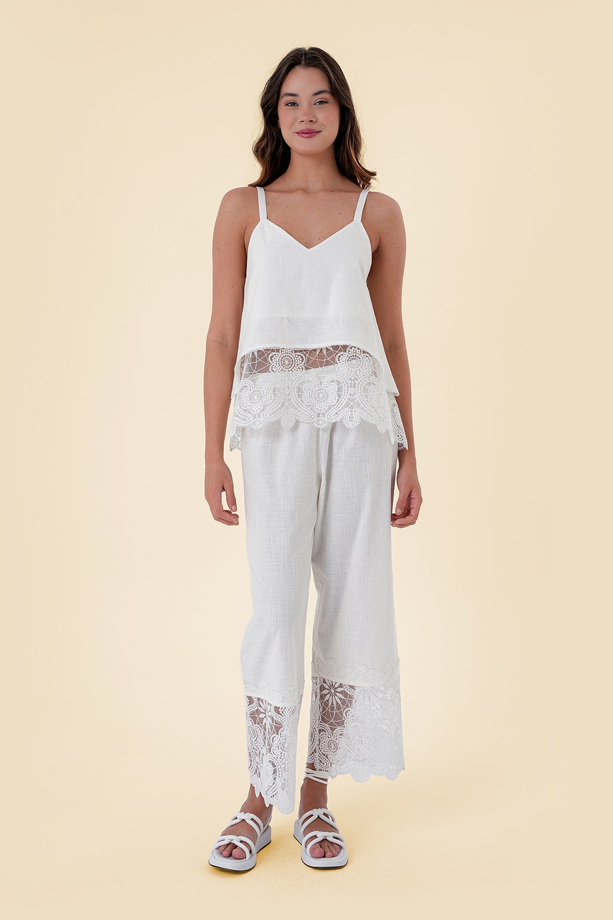 Two-Piece Set with Strap Top and Wide-Leg Pants Featuring Floral Lace Accents