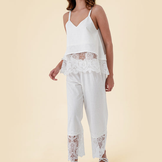 Two-Piece Set with Strap Top and Wide-Leg Pants Featuring Floral Lace Accents