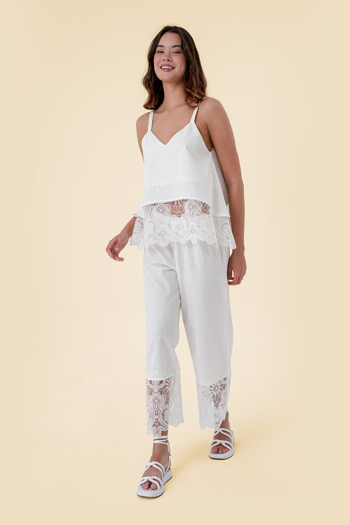 Two-Piece Set with Strap Top and Wide-Leg Pants Featuring Floral Lace Accents