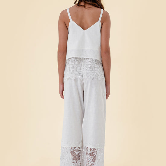 Two-Piece Set with Strap Top and Wide-Leg Pants Featuring Floral Lace Accents