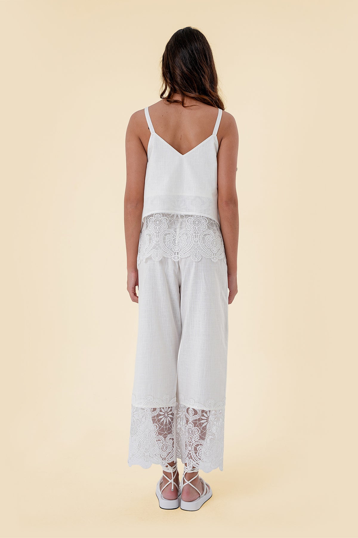 Two-Piece Set with Strap Top and Wide-Leg Pants Featuring Floral Lace Accents