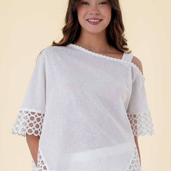 Top with Asymmetric One-Shoulder Design and Intricate Lace Sleeves