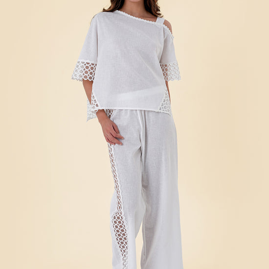 Two-Piece Set with Asymmetrical Cut-Out Shoulder Top and Wide-Leg Pants with Lace Inserts