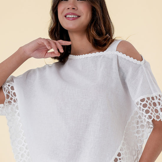Top with Asymmetric One-Shoulder Design and Intricate Lace Sleeves