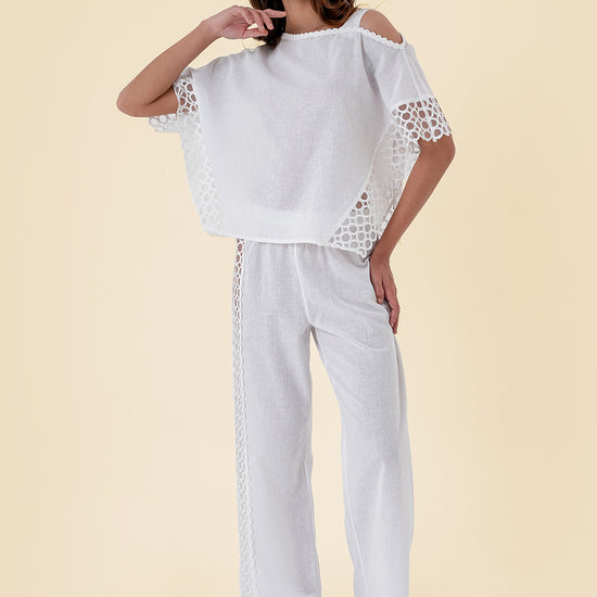 Two-Piece Set with Asymmetrical Cut-Out Shoulder Top and Wide-Leg Pants with Lace Inserts
