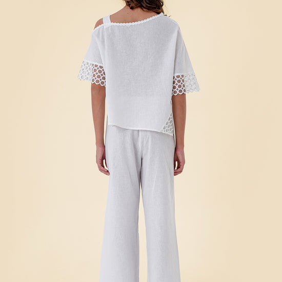 Two-Piece Set with Asymmetrical Cut-Out Shoulder Top and Wide-Leg Pants with Lace Inserts