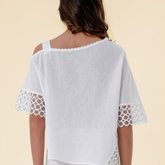 Top with Asymmetric One-Shoulder Design and Intricate Lace Sleeves