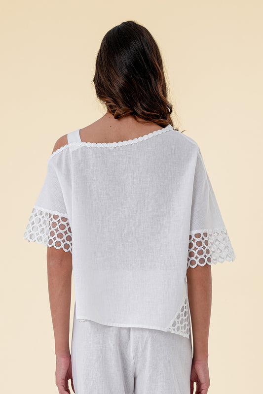 Top with Asymmetric One-Shoulder Design and Intricate Lace Sleeves