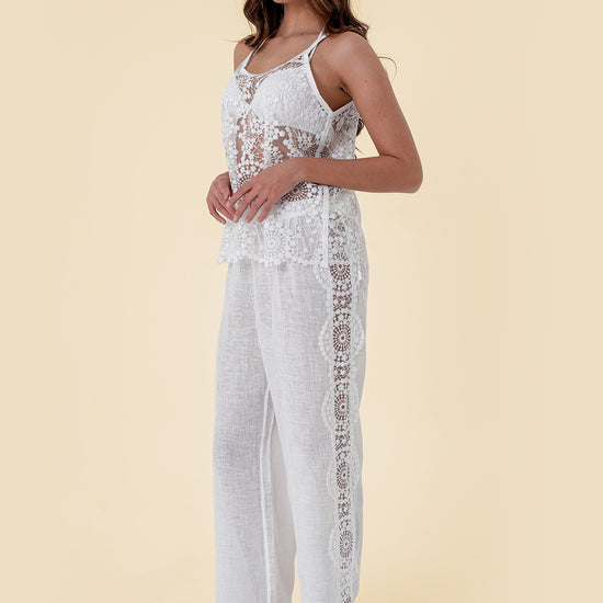 Two-Piece Set with Sheer Lace Camisole and Wide-Leg Pants