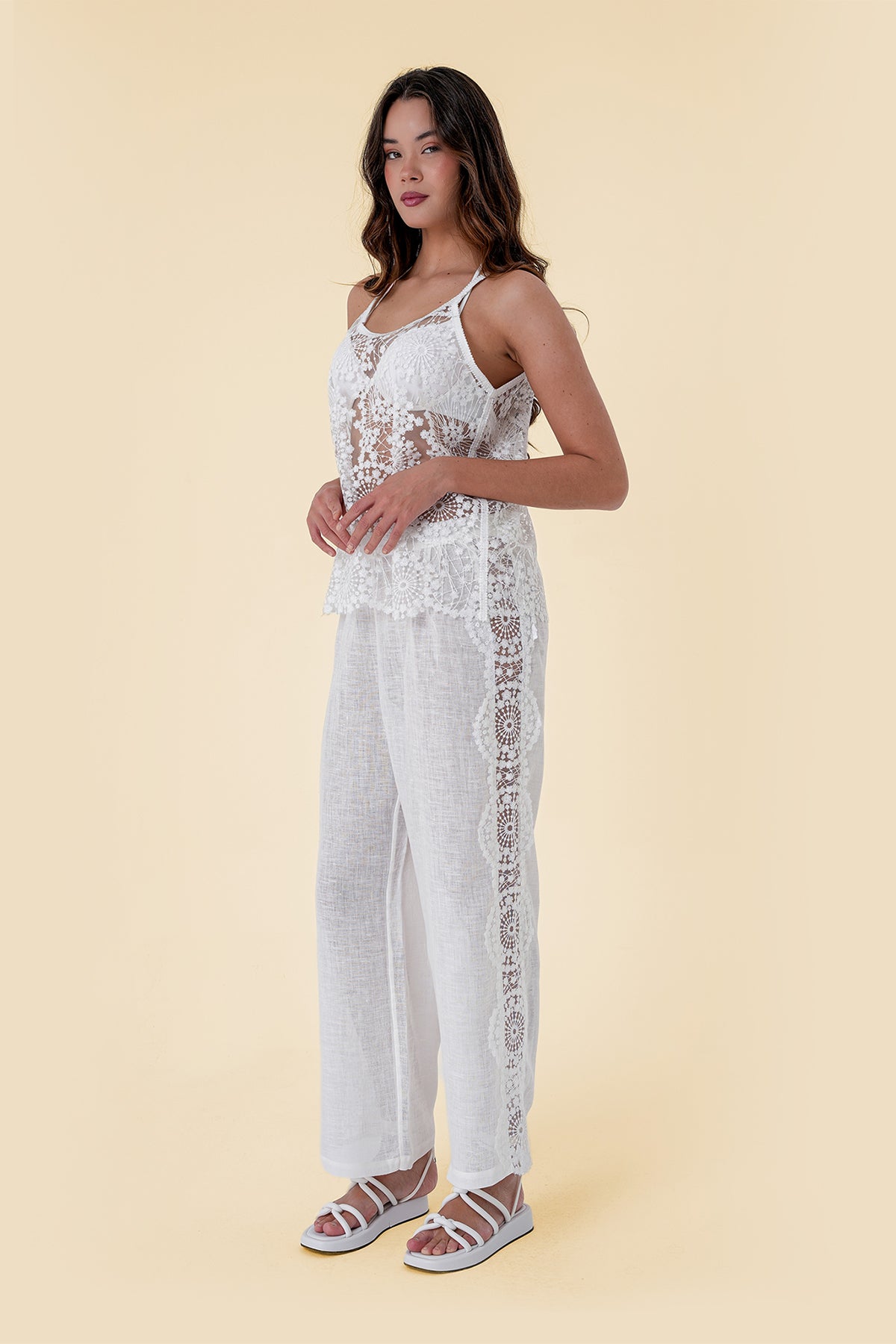 Two-Piece Set with Sheer Lace Camisole and Wide-Leg Pants