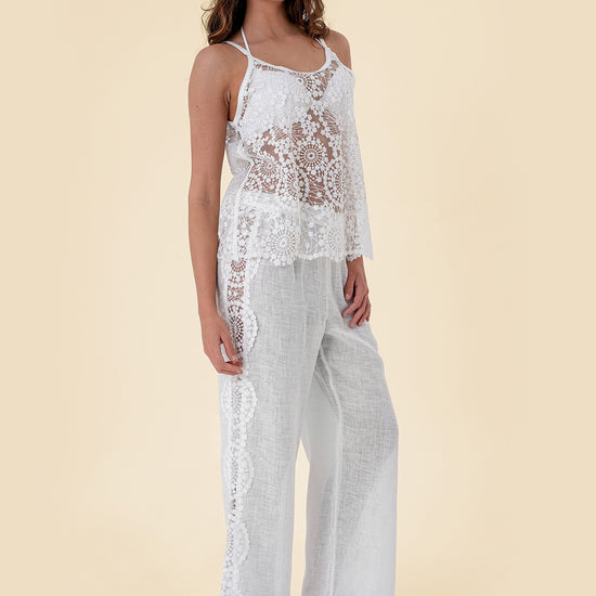 Two-Piece Set with Sheer Lace Camisole and Wide-Leg Pants