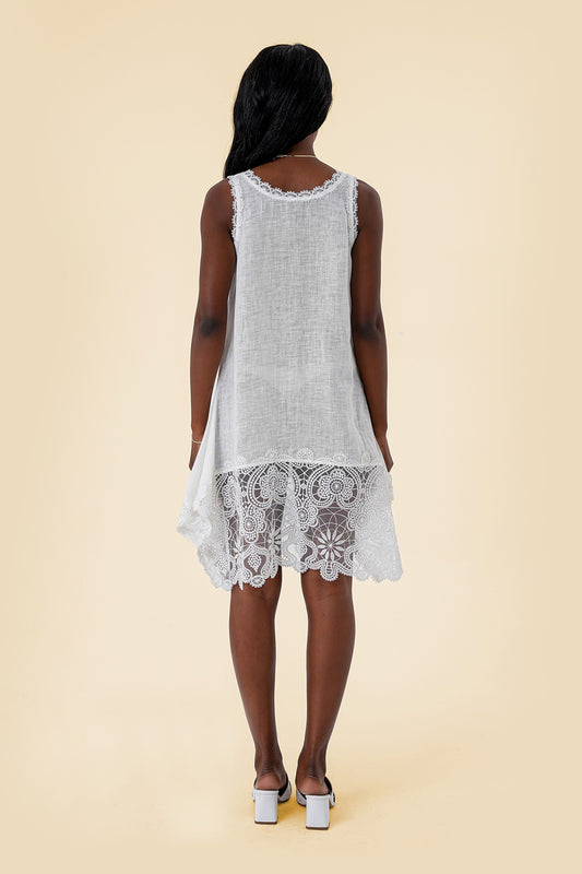 Natural Cotton Fabric Shoulder Strap Lace Patterned Midi Dress