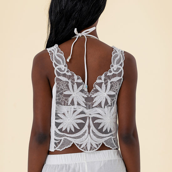 Crop Top with Sleeveless Design, Embroidered Lace Front, and Lace Straps