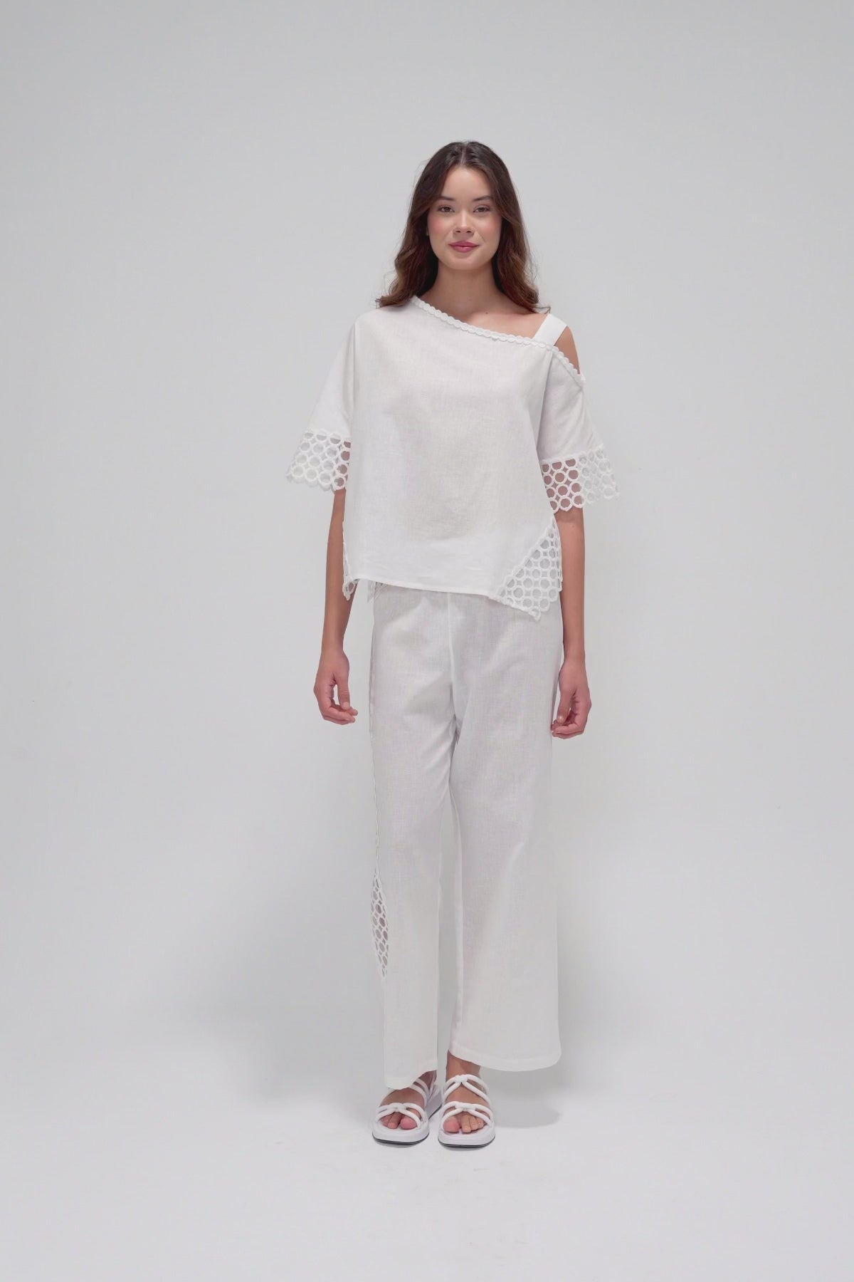Top with Asymmetric One-Shoulder Design and Intricate Lace Sleeves