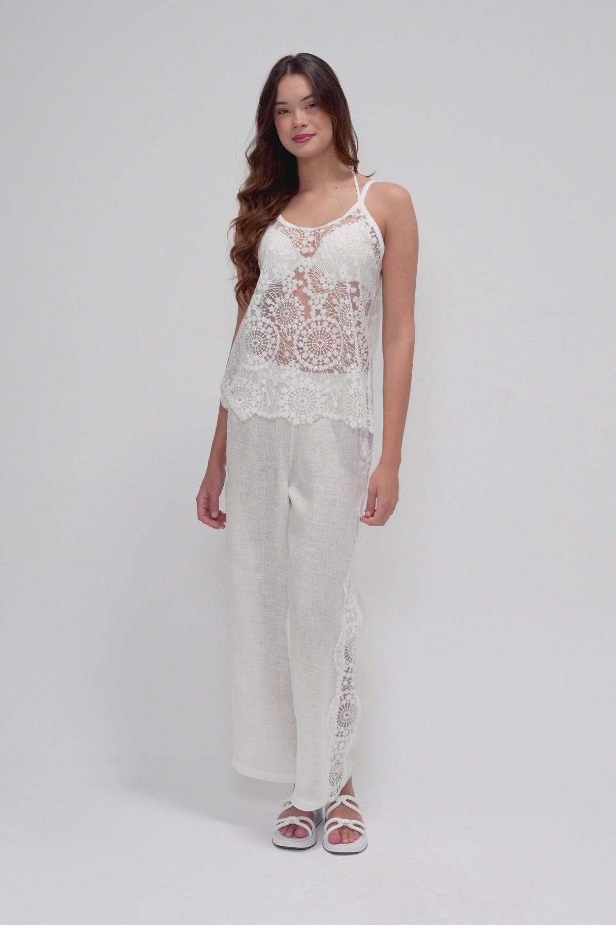 Two-Piece Set with Sheer Lace Camisole and Wide-Leg Pants