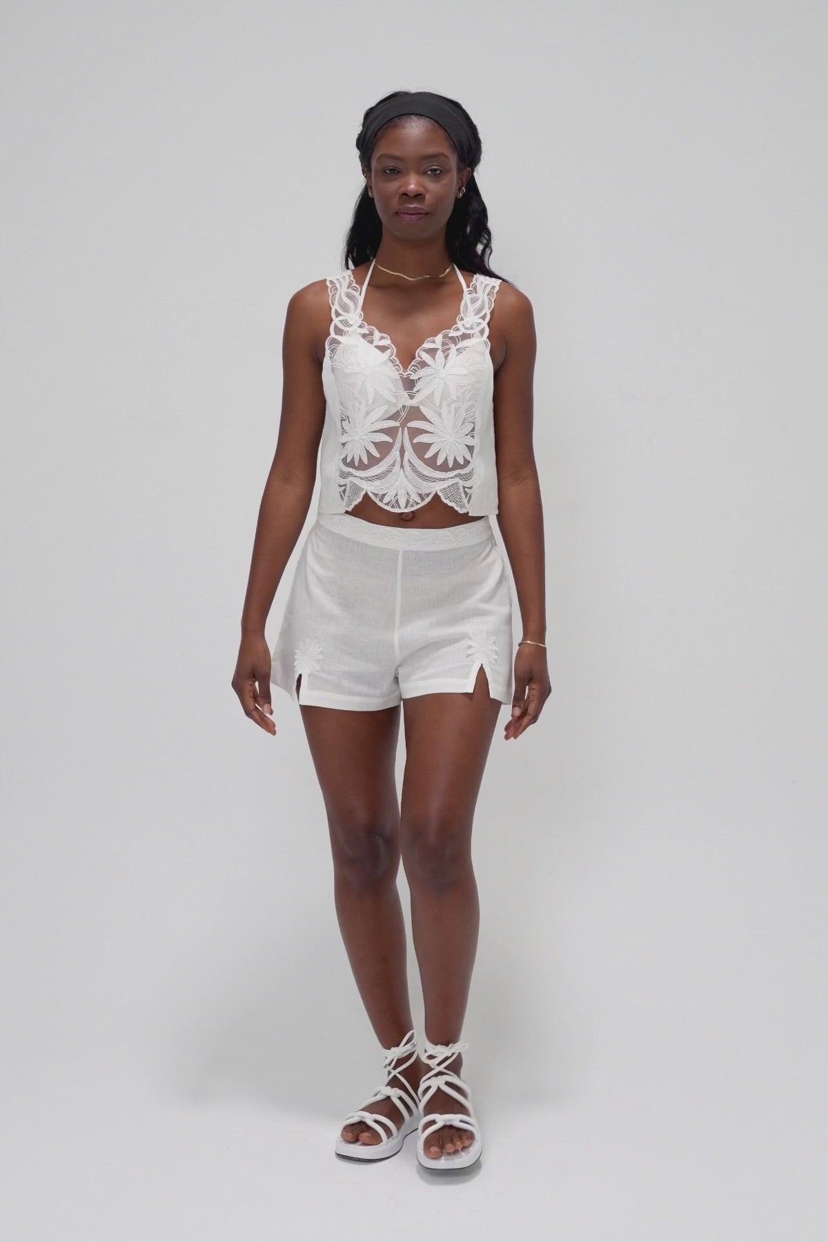 Two-Piece Set with Halter-Neck Lace Top and Comfortable Embroidered Shorts